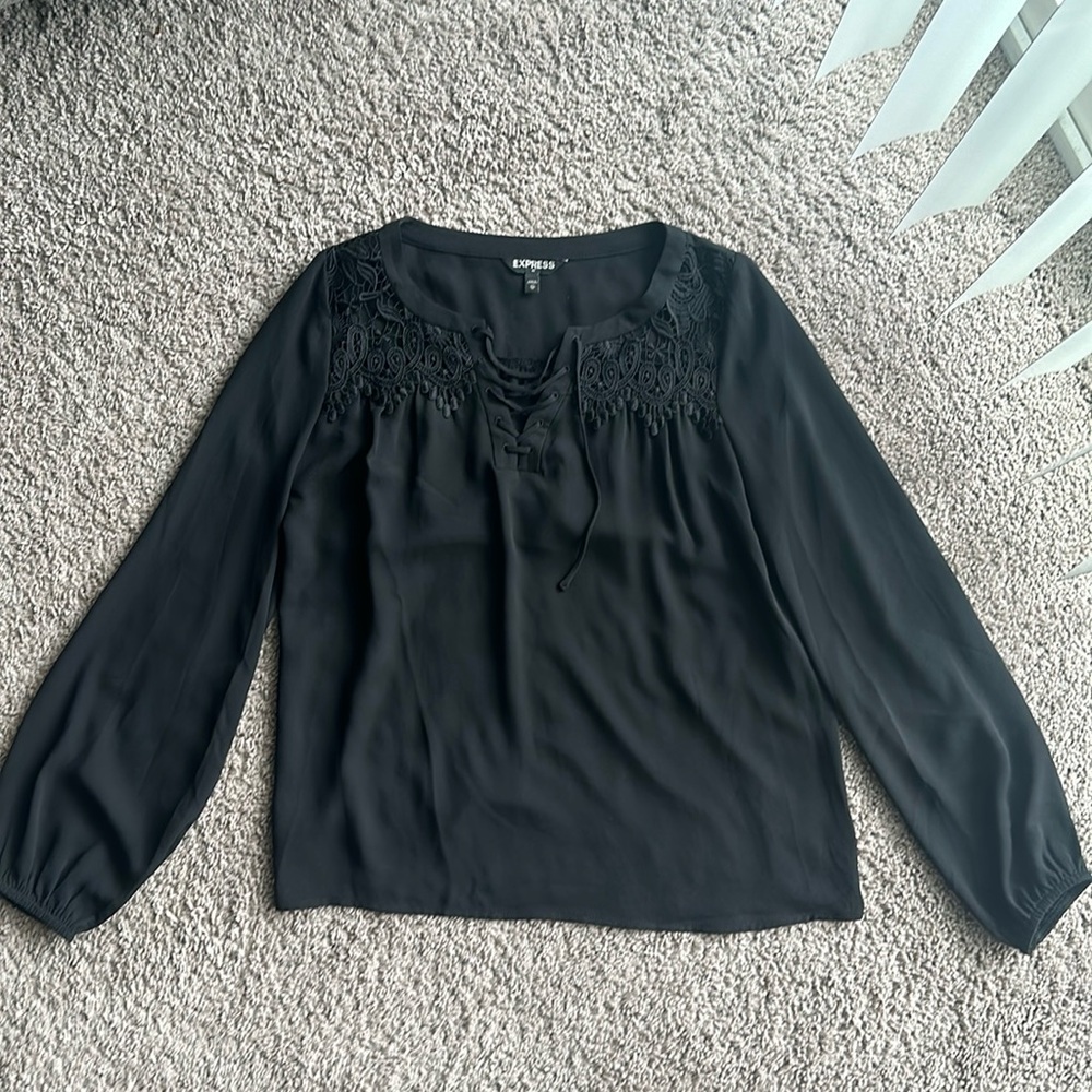 Black blouse with lace detail and tie